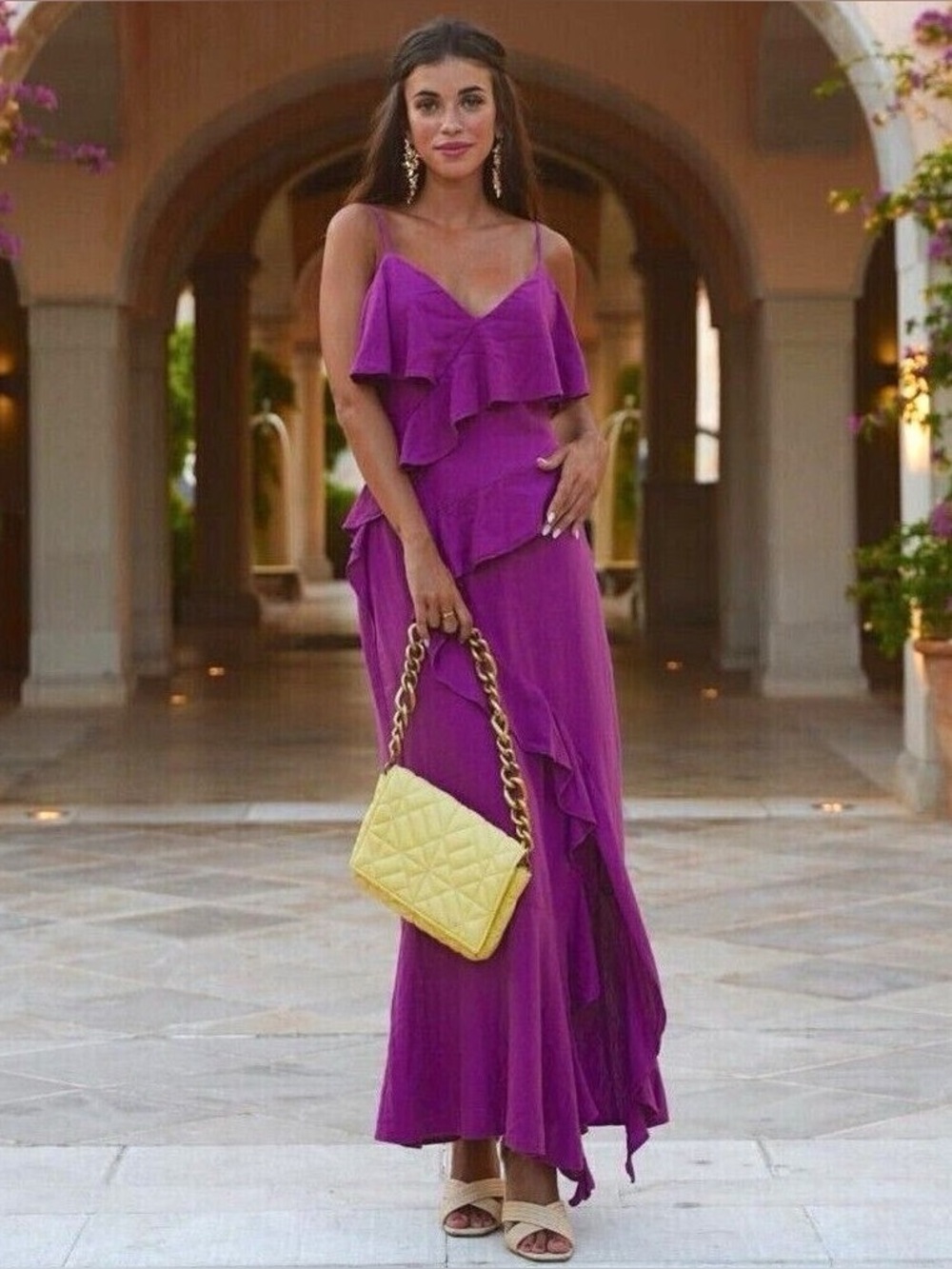 Zara Fuchsia Ruffle Maxi Dress with Spaghetti Straps